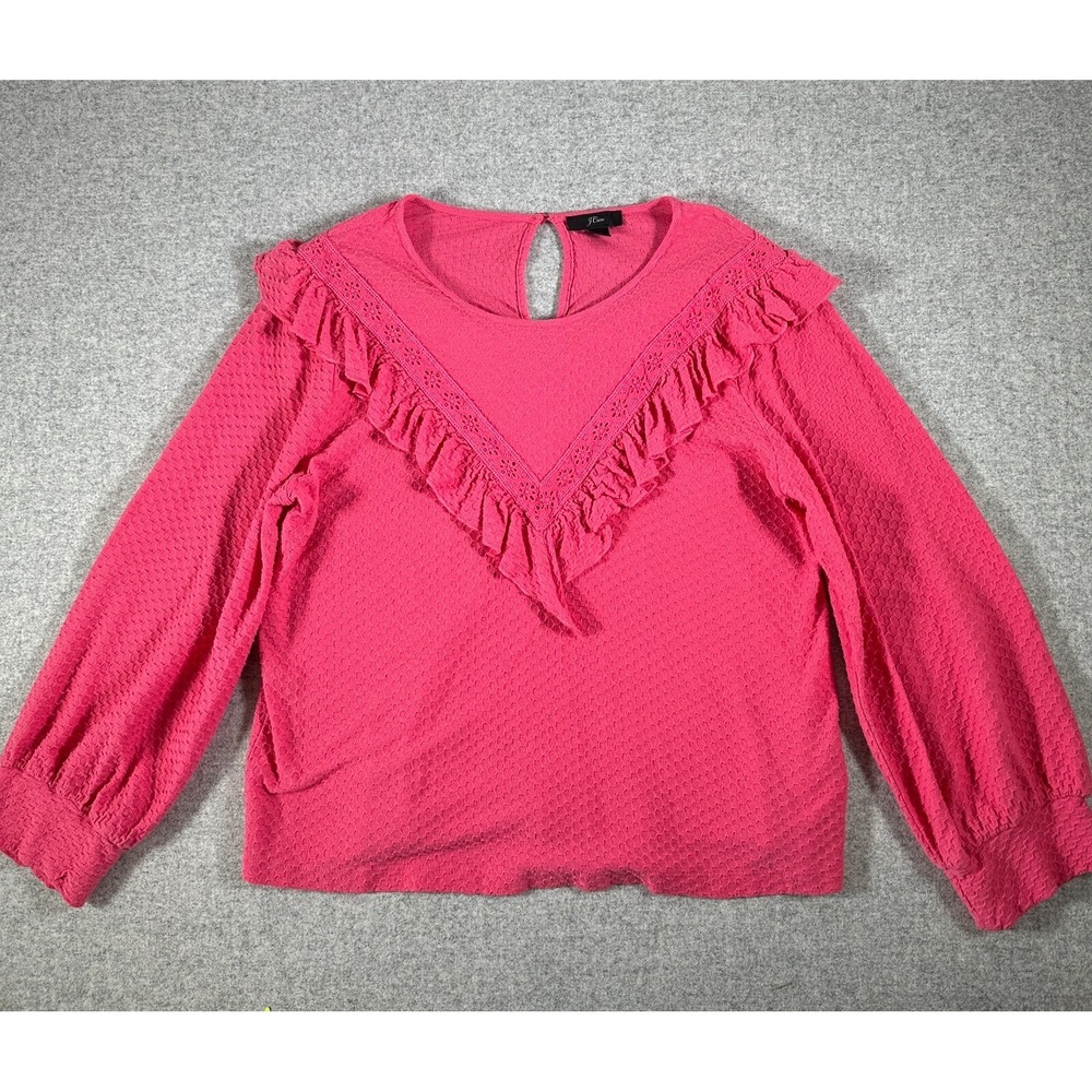 J. Crew Medium Womens Top Blouse Honeycomb Pattern Ruffle Neck Pink Puffy Sleeve